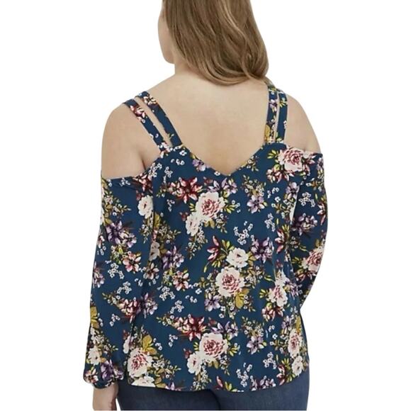 Torrid Floral Cold Shoulder Blouse - Blue and White plus size 4 - Picture 2 of 8